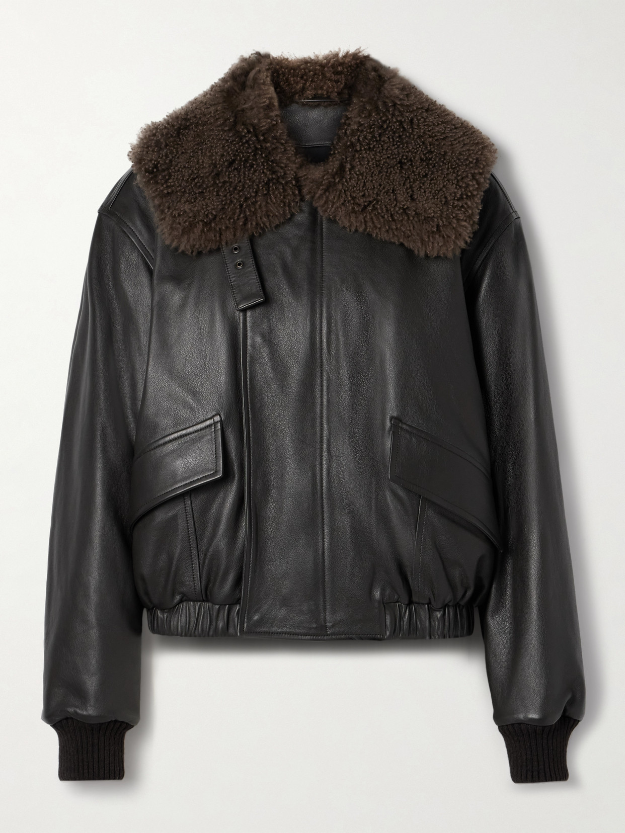 Lemaire Leather Blouson With Shearling Collar In Brown