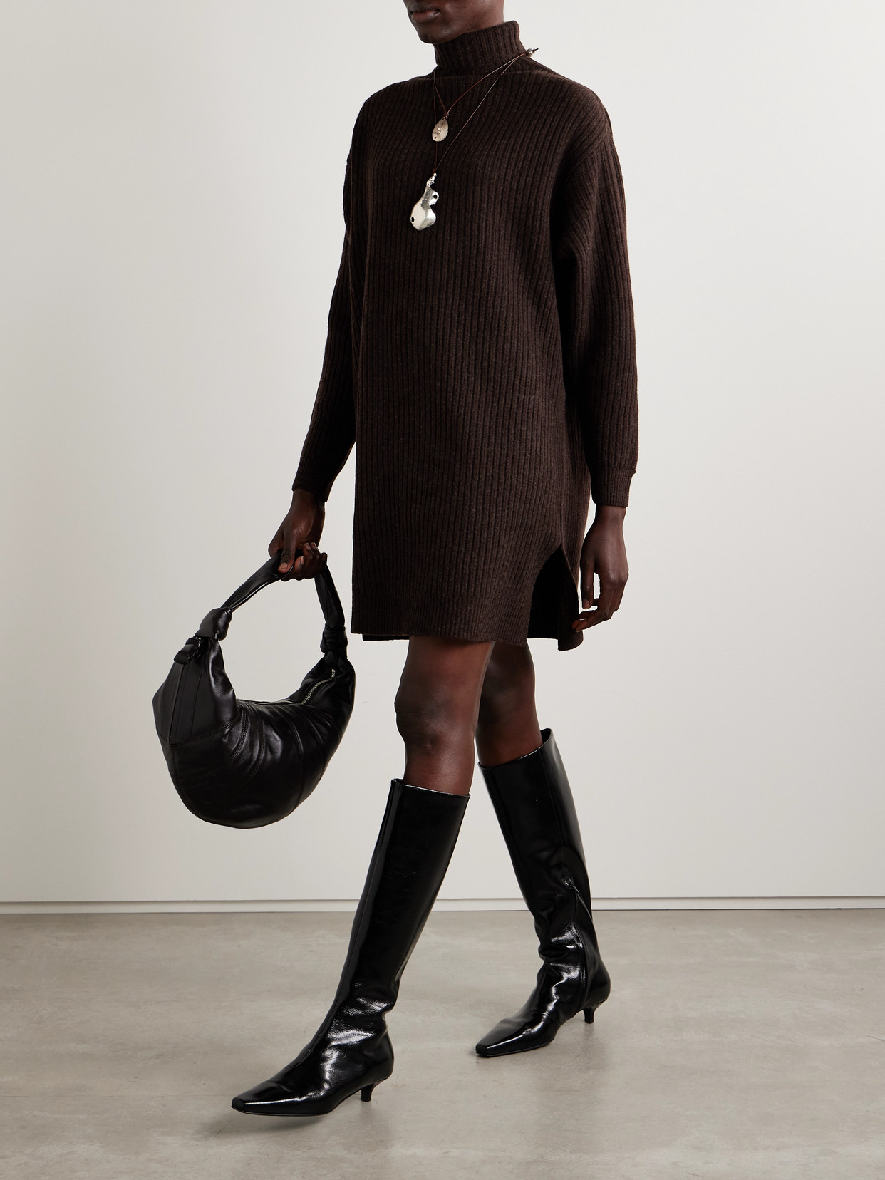 Lemaire Ribbed Wool Turtleneck Mini Dress In Brown