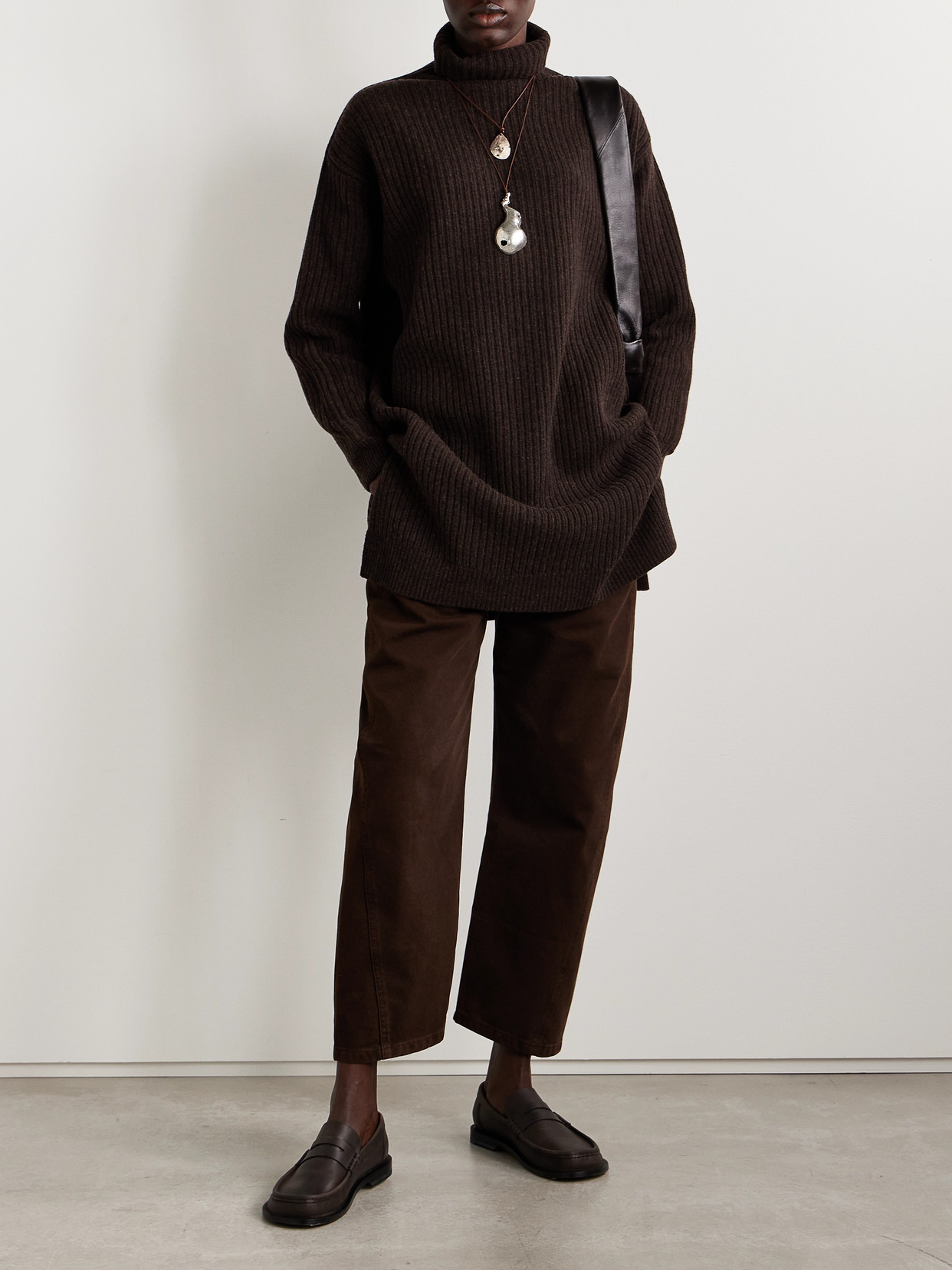 Lemaire Ribbed Wool Turtleneck Mini Dress In Brown