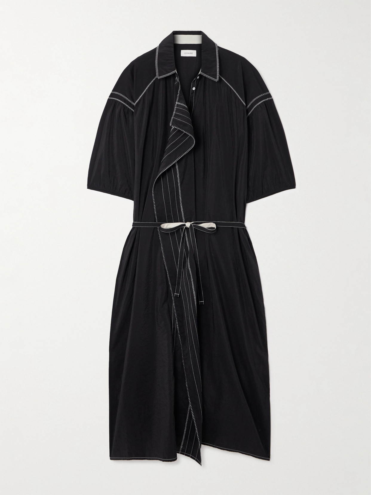 LEMAIRE - Belted Asymmetric Embroidered Silk-blend Shirt Dress - Black
