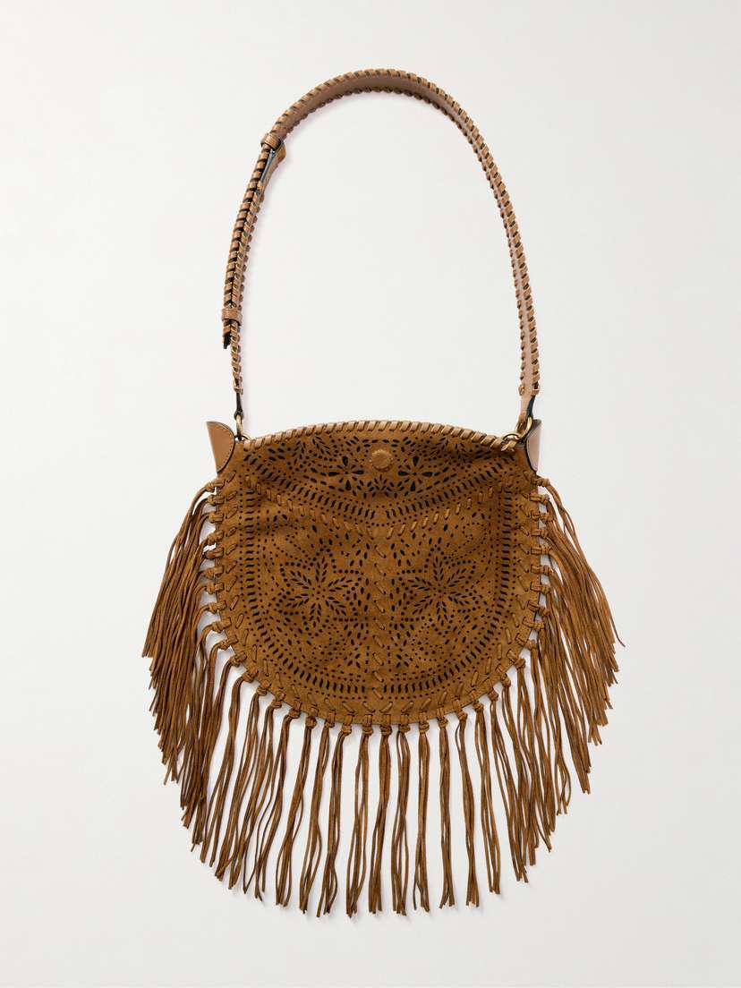 Isabel Marant Oskan Fringed Leather-trimmed Perforated Suede Shoulder Bag