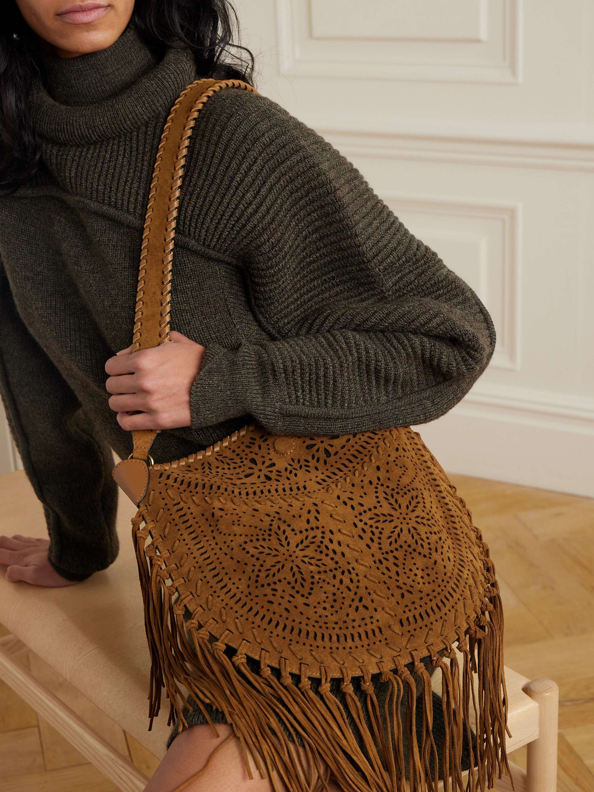 Oskan fringed leather trimmed perforated suede shoulder bag