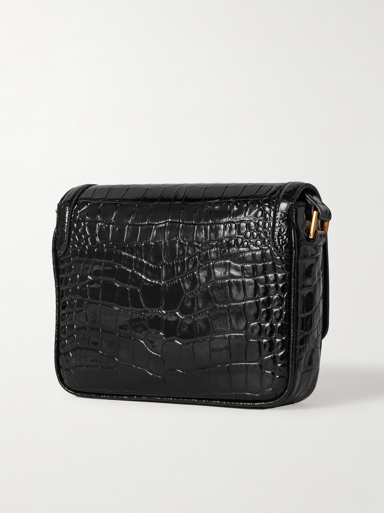 Tom Ford Glossed Croc-effect Leather Shoulder Bag In Black