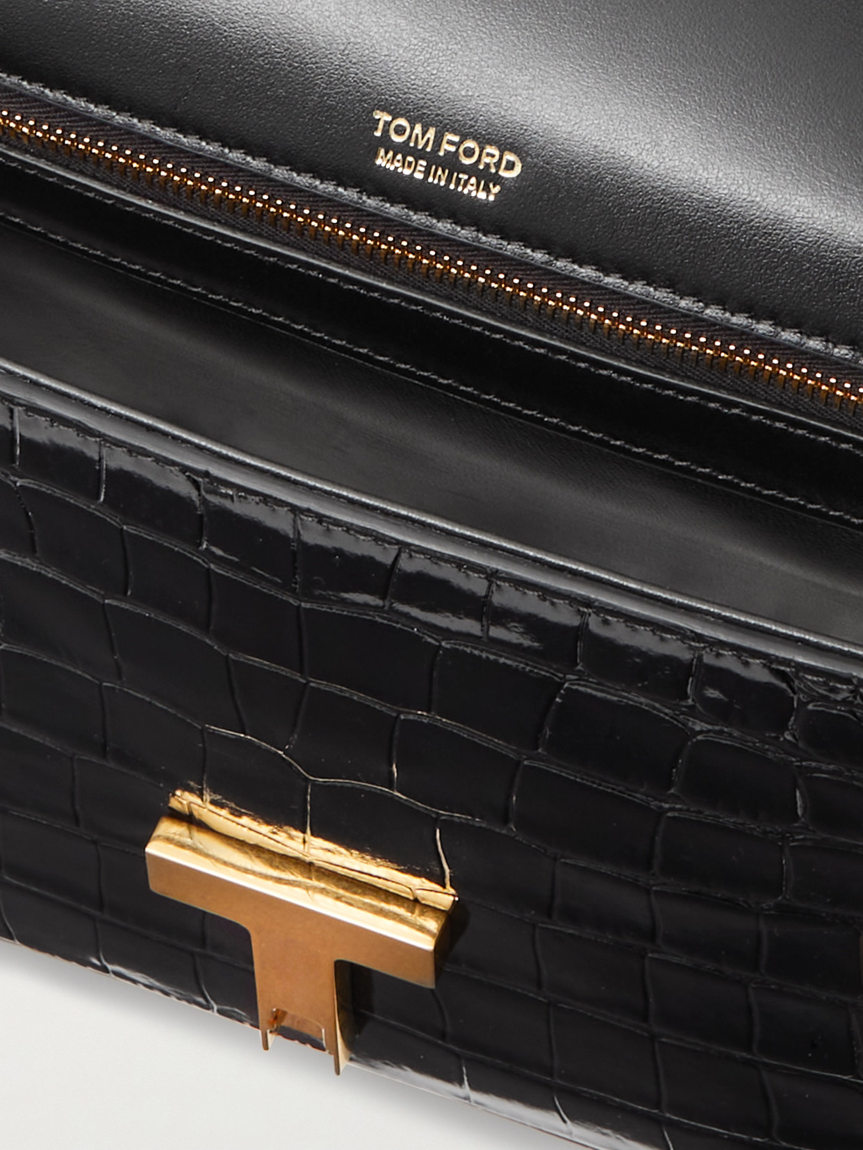 Tom Ford Glossed Croc-effect Leather Shoulder Bag In Black