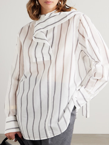 TOTEME Scarf-detailed striped cotton and silk-blend organza blouse