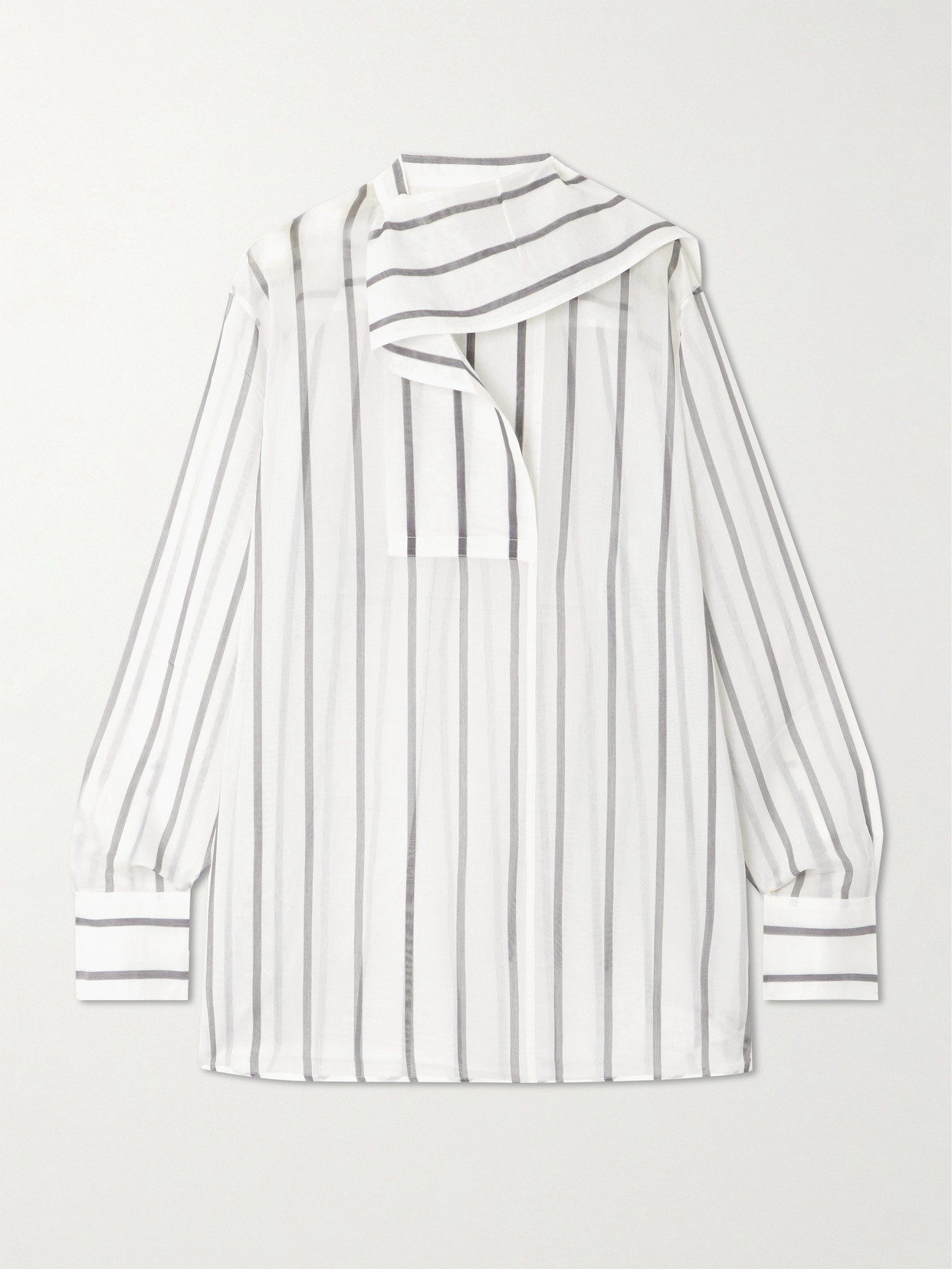 TOTEME - Scarf-detailed Striped Cotton And Silk-blend Organza Blouse - White