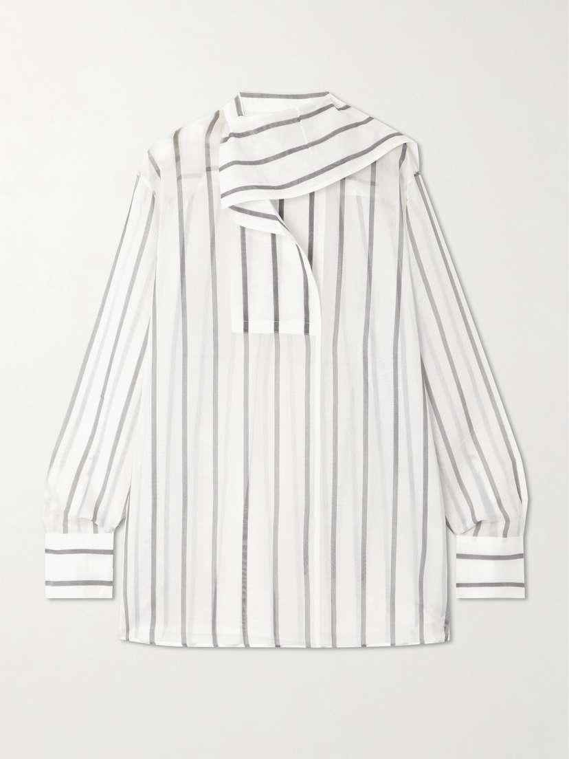 TOTEME Scarf-detailed Striped Cotton And Silk-blend Organza Blouse