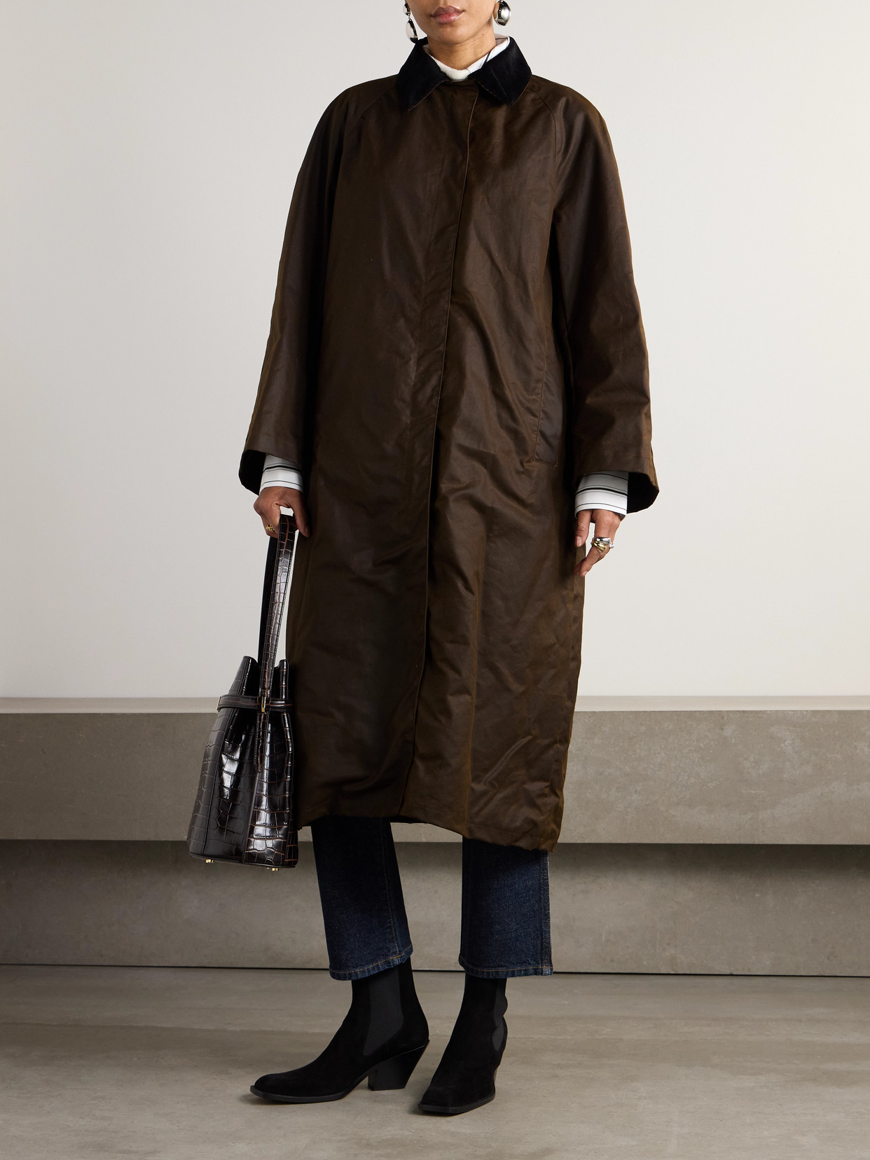 Totême Corduroy-trimmed Waxed Organic Cotton Coat In Brown