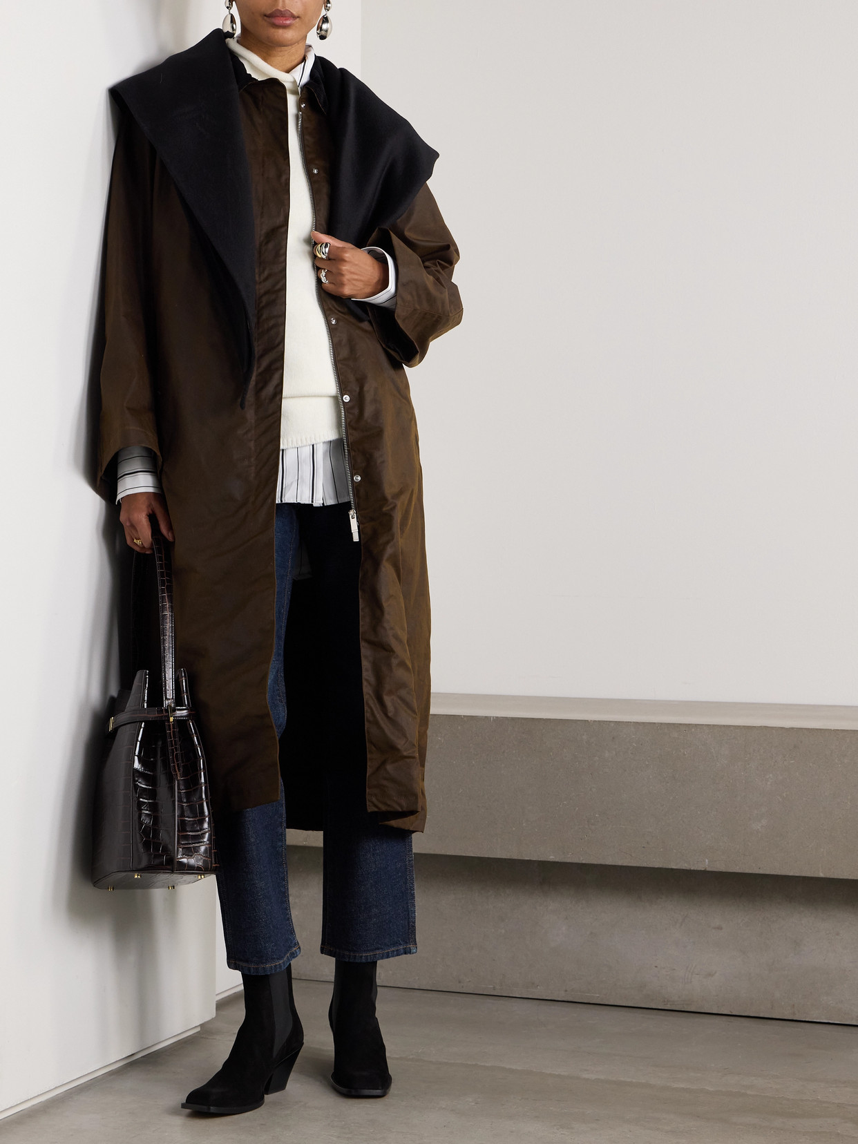 Totême Corduroy-trimmed Waxed Organic Cotton Coat In Brown