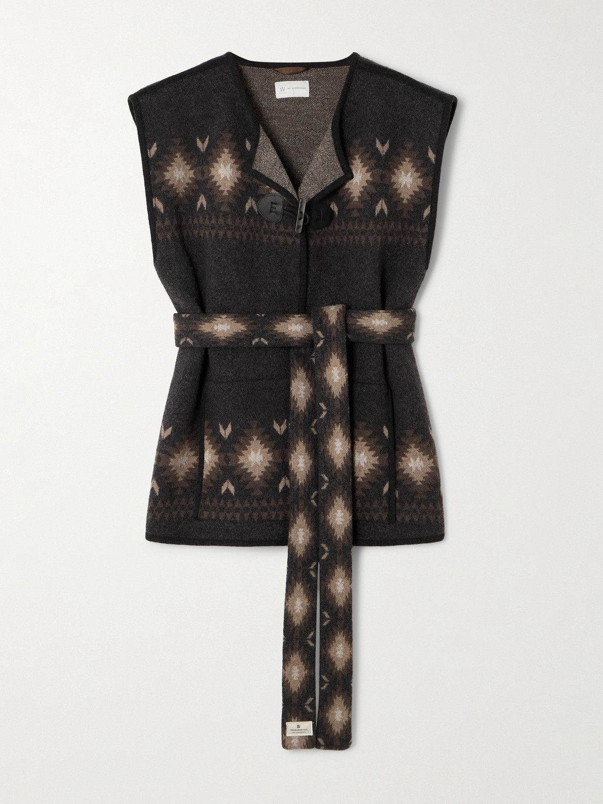 We Norwegians Hovden Belted Leather-trimmed Wool Vest In Brown