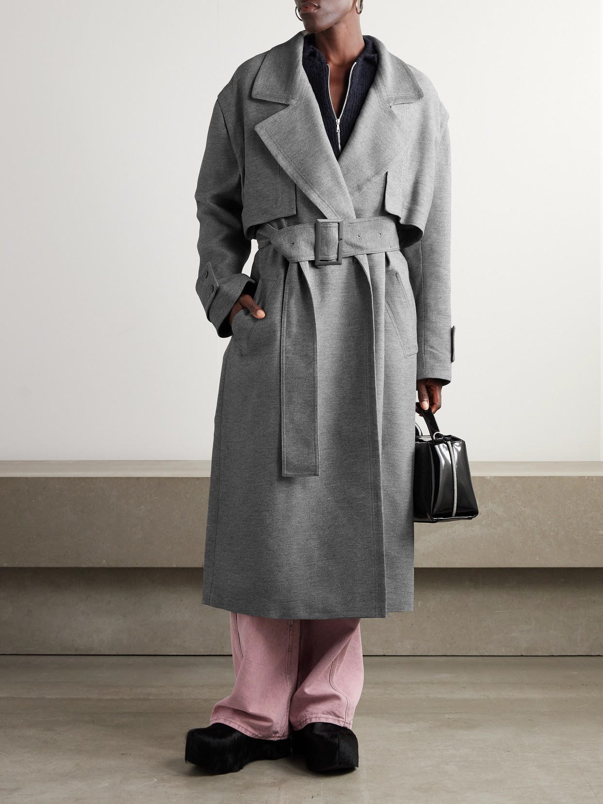Double-Breasted Belted Crepe Coat