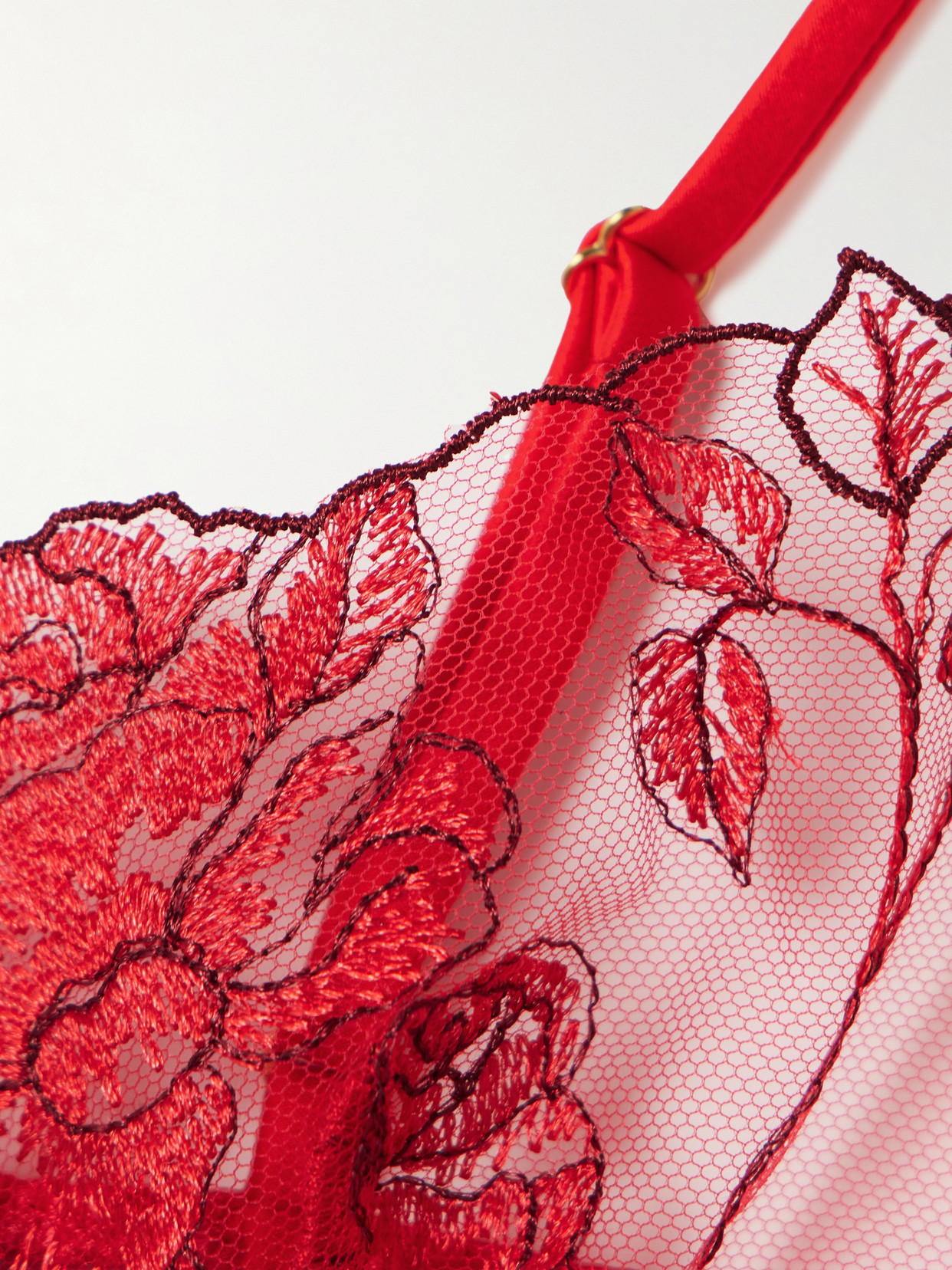 Kiki De Montparnasse Dominique Silk-blend Satin-trimmed Embroidered Tulle Underwired Soft-cup Bra In Red