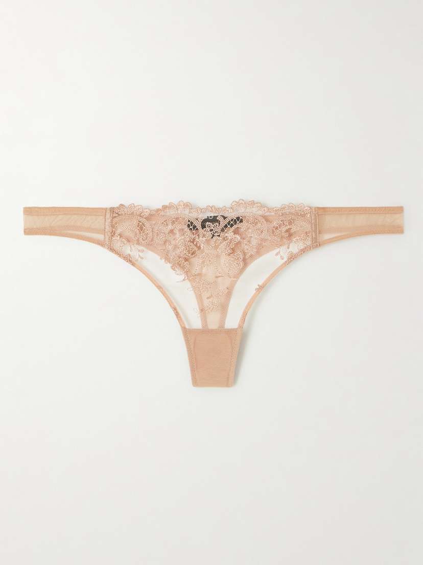 Kiki de Montparnasse Juliette Silk-blend Satin-trimmed Embroidered Tulle Thong