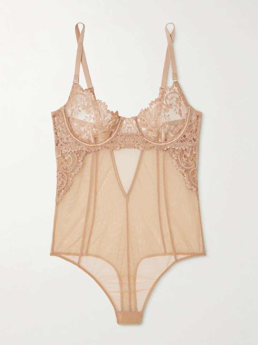 Kiki de Montparnasse Juliette Silk-blend Satin-trimmed Embroidered Tulle Bodysuit