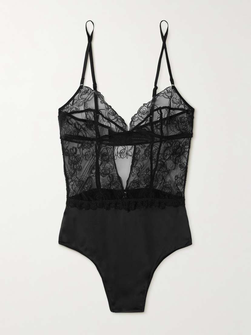 Kiki de Montparnasse La Rose Embroidered Tulle And Stretch-silk Charmeuse Bodysuit