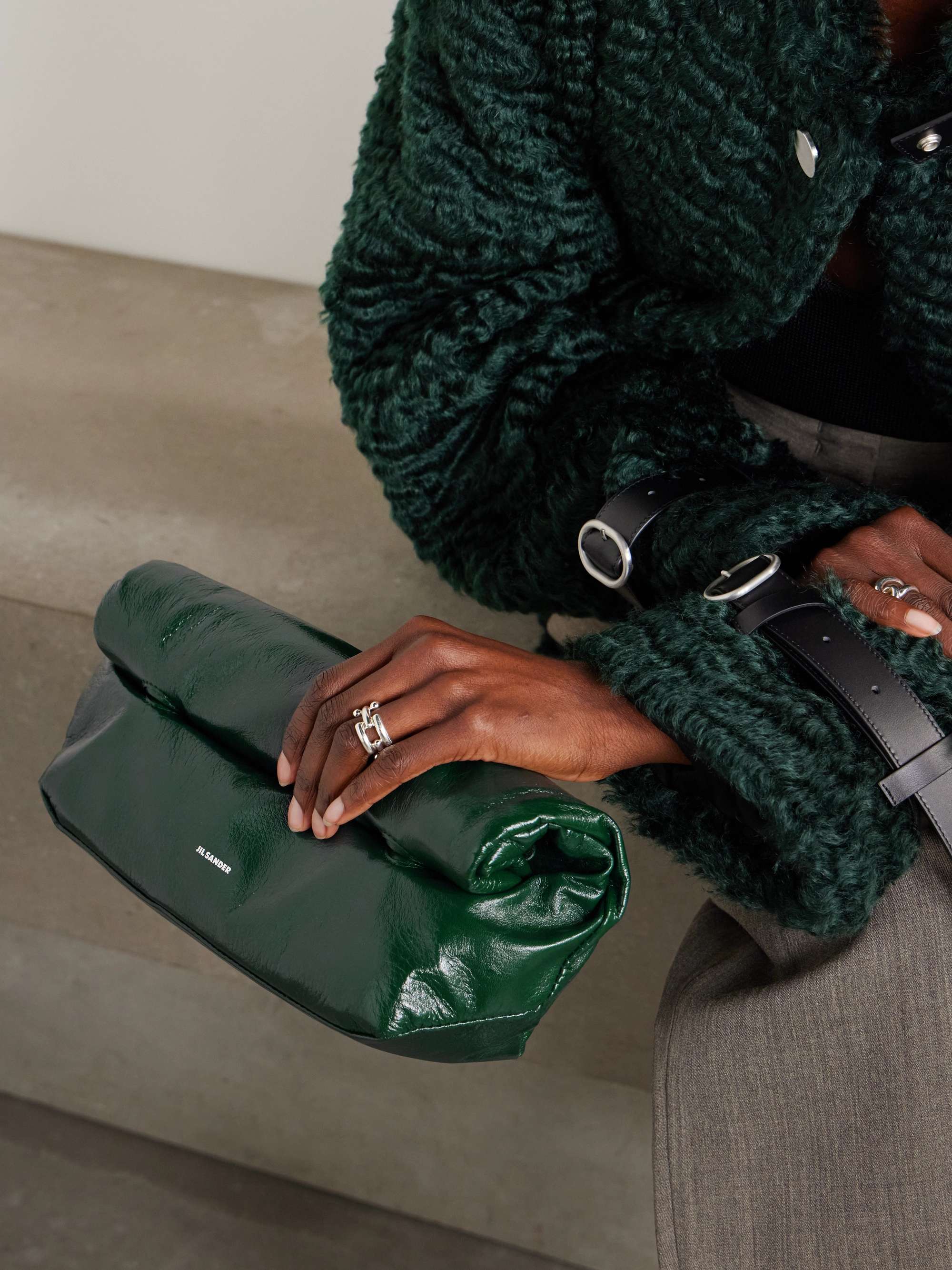 JIL SANDER Rollup small glossed crinkledleather shoulder bag NETA