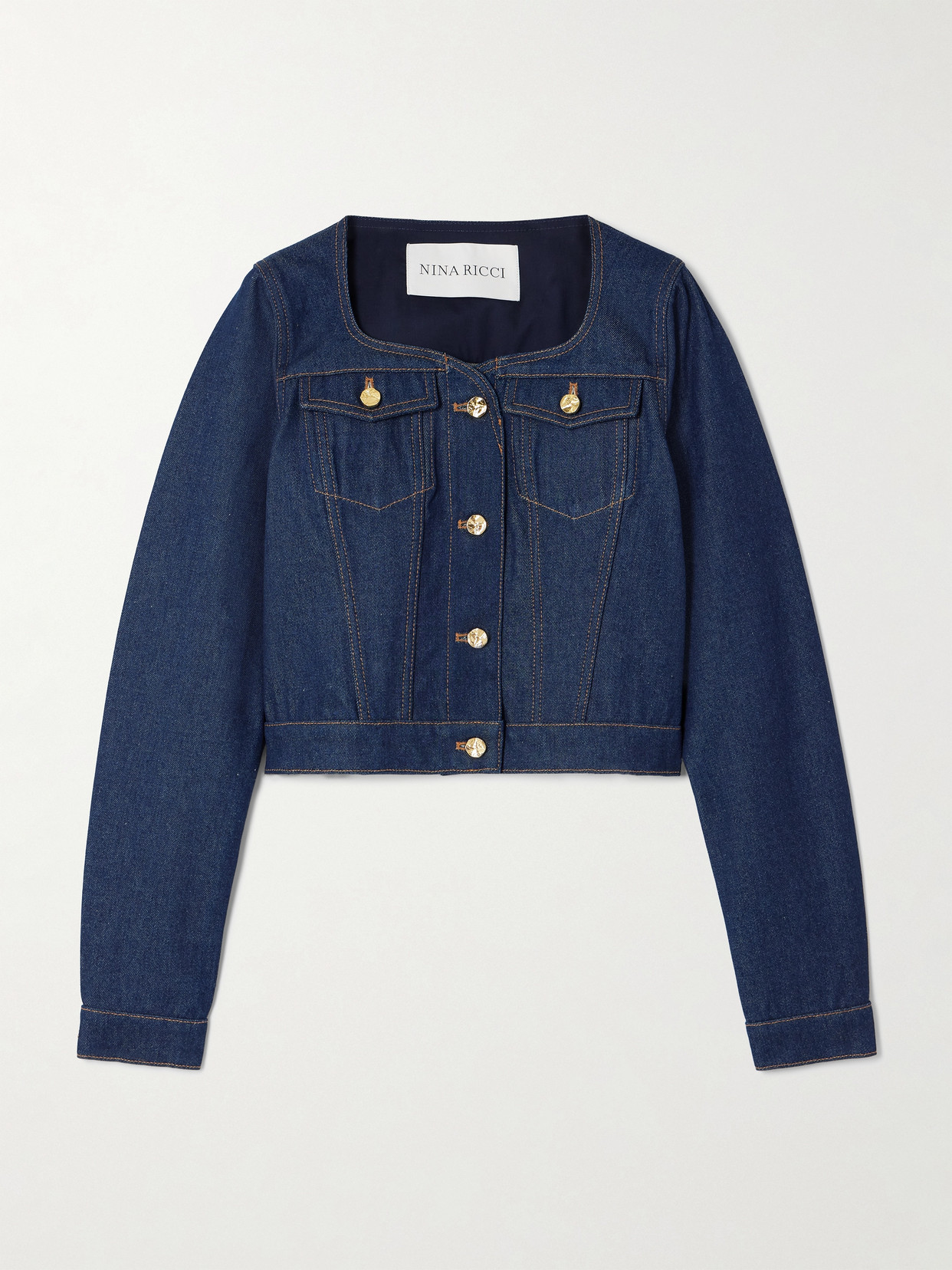 NINA RICCI CROPPED TOPSTITCHED DENIM JACKET