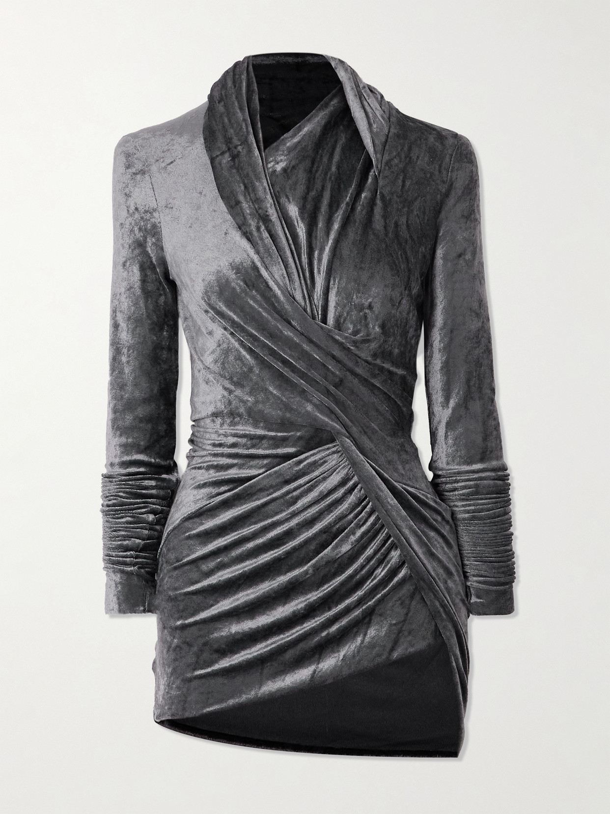 Rick Owens Magnetic Twisted Gathered Crushed-velvet Mini Dress In Grey
