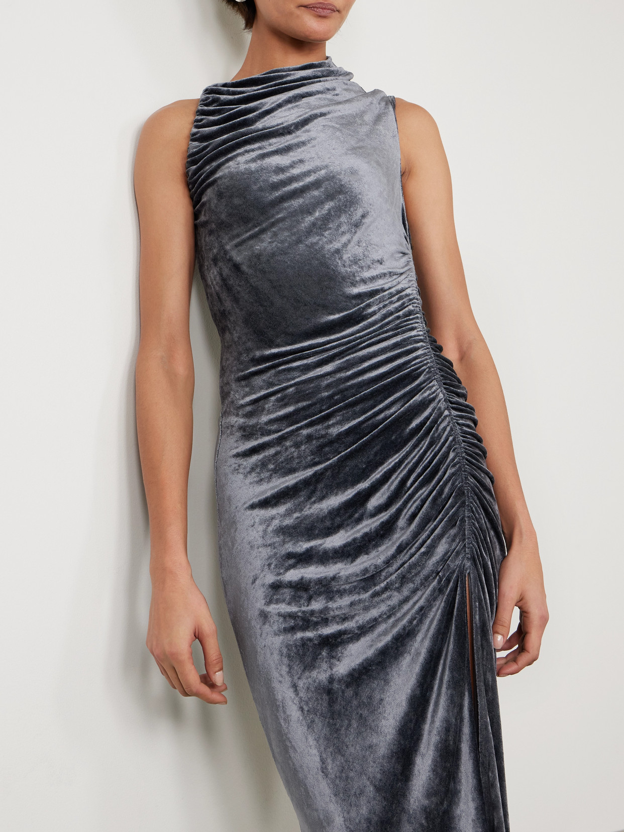 Rick Owens Svita Asymmetric Ruched Velour Dress In Gray