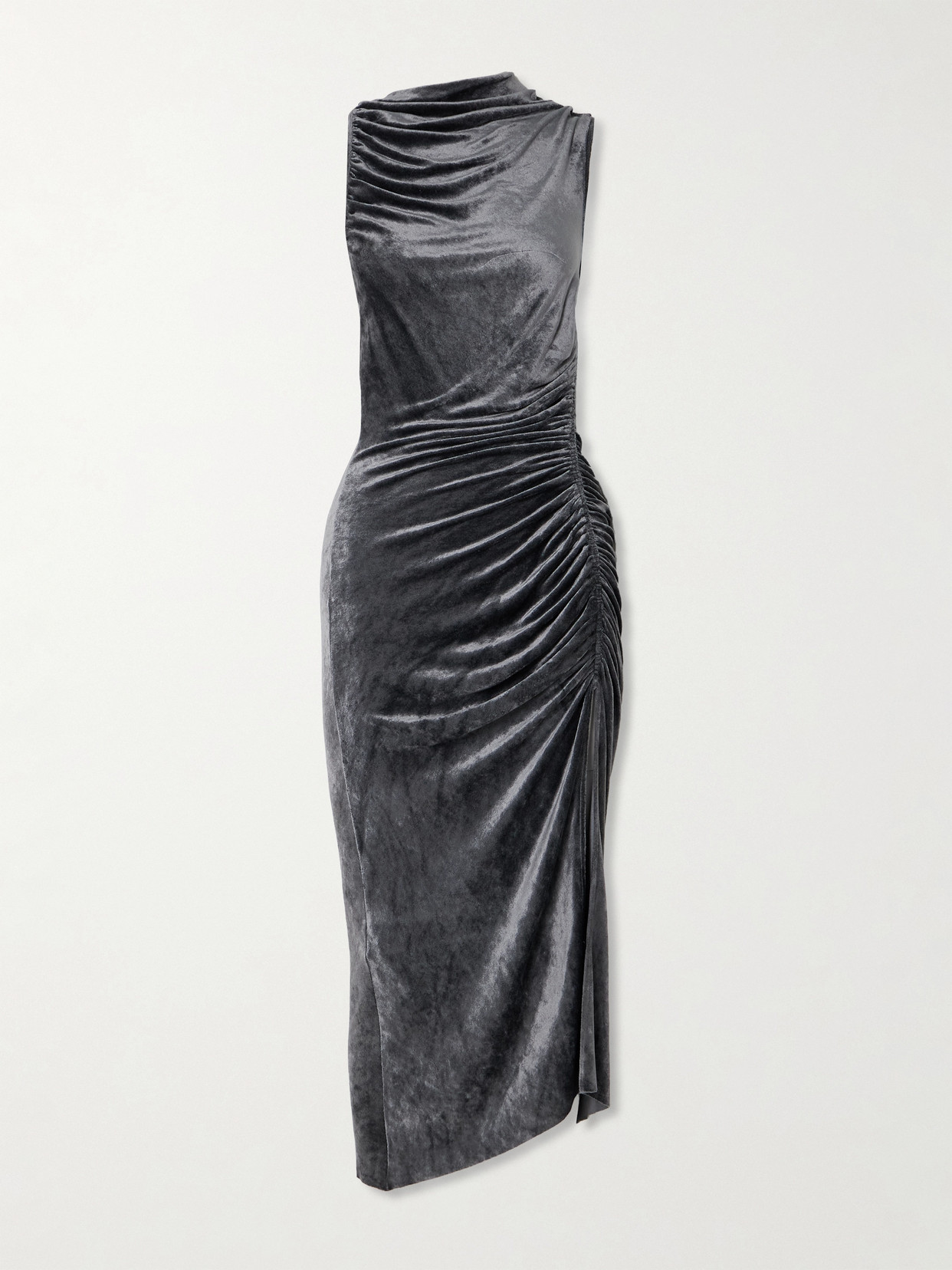 Rick Owens Svita Asymmetric Ruched Velour Dress In Grey