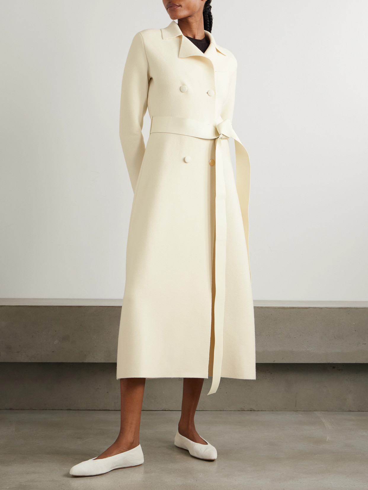 Gabriela Hearst Kant Belted Double-breasted Leather-trimmed Wool Coat In Ivory