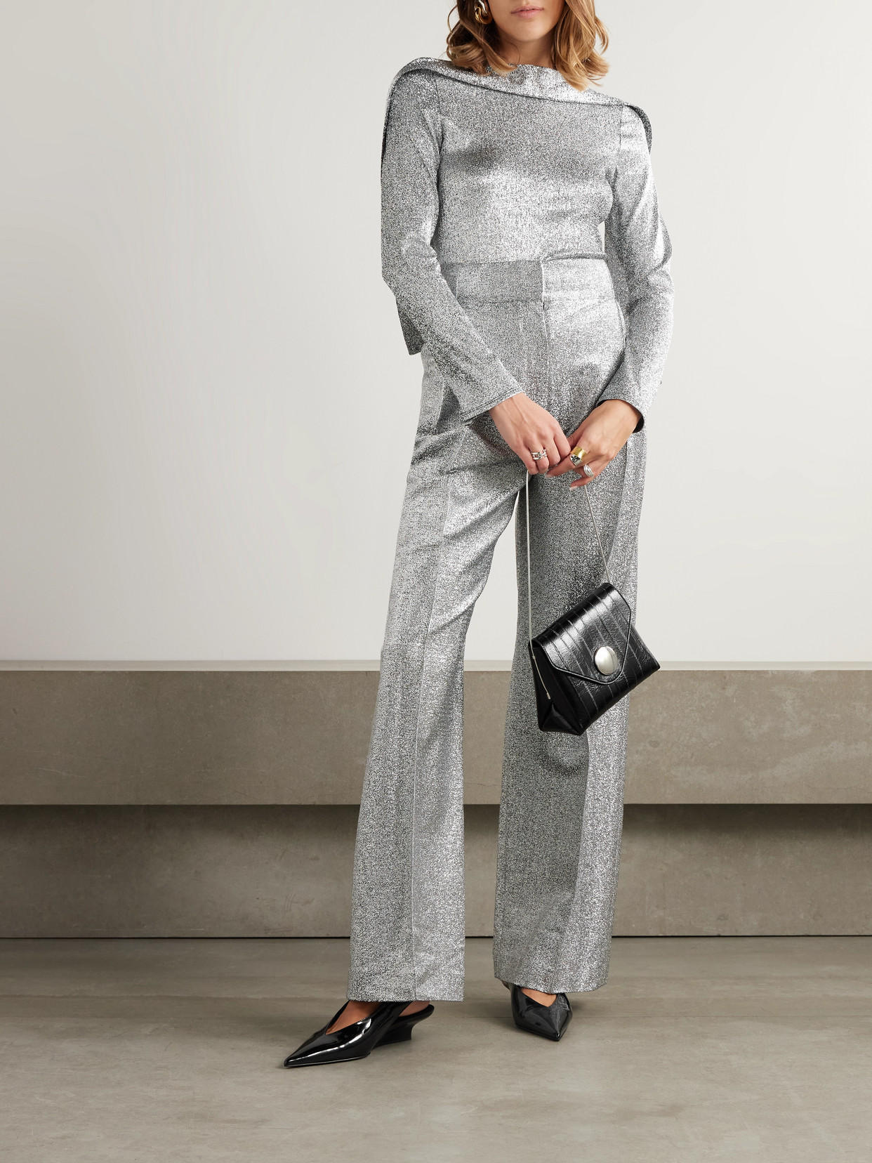 Liberowe Roberta Scarf-detailed Metallic Knitted Top In Silver