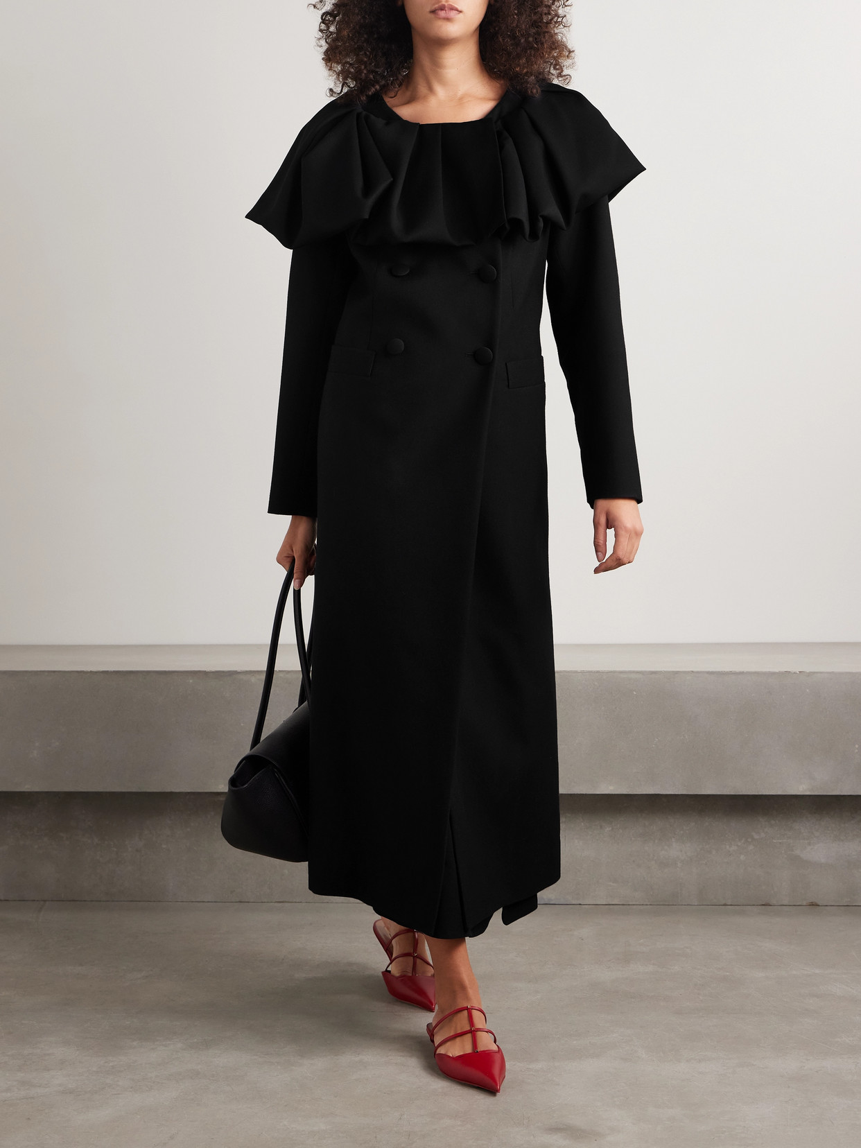 Bombardo Double-Breasted Pleated Ruffled Wool-Twill Coat