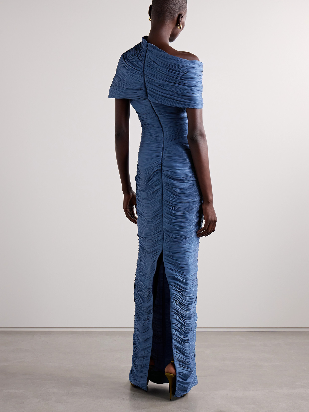 Marmar Halim One-shoulder Cape-effect Plissé Silk-georgette Gown In Blue