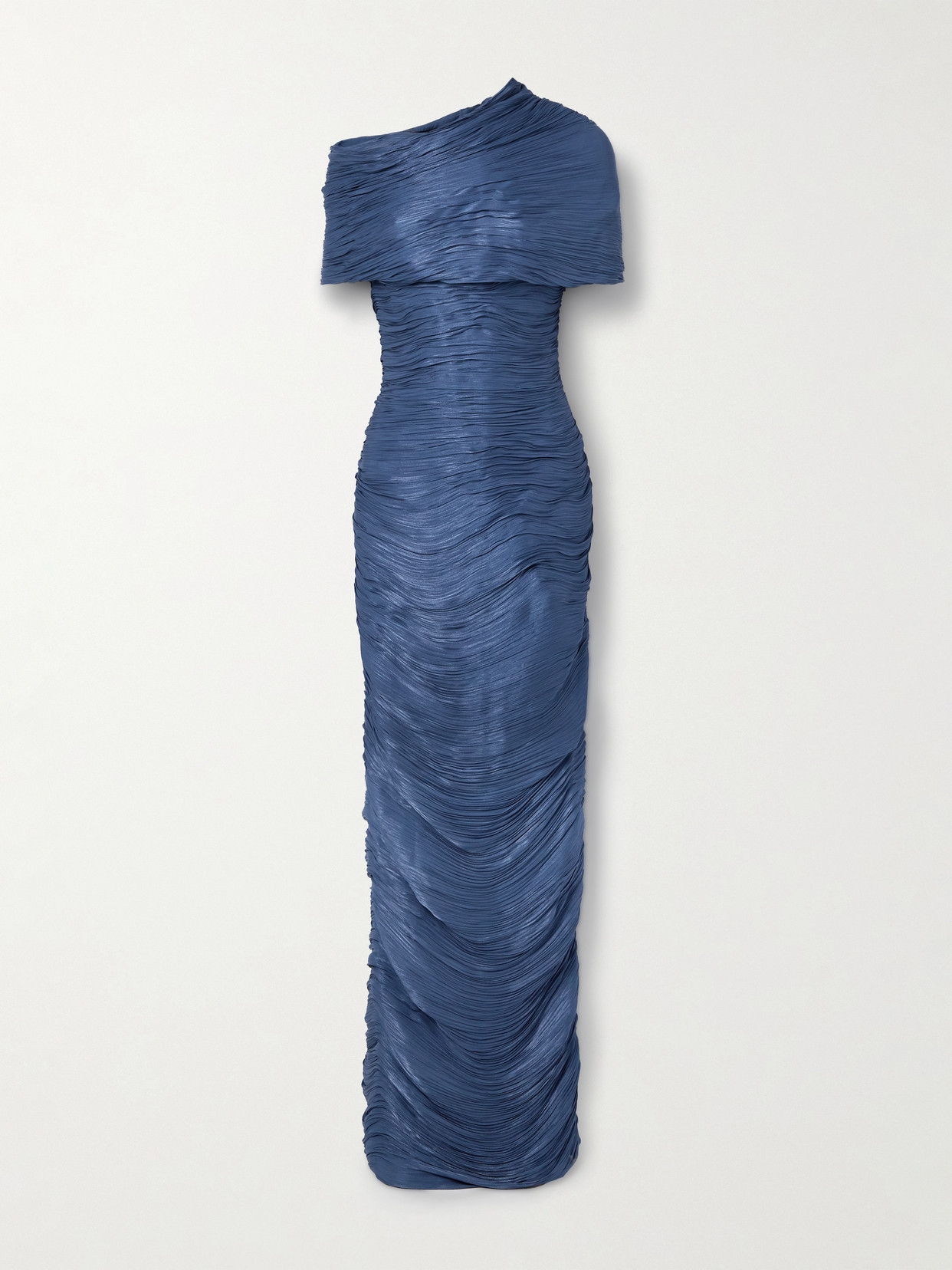 Marmar Halim One-shoulder Cape-effect Plissé Silk-georgette Gown In Blue