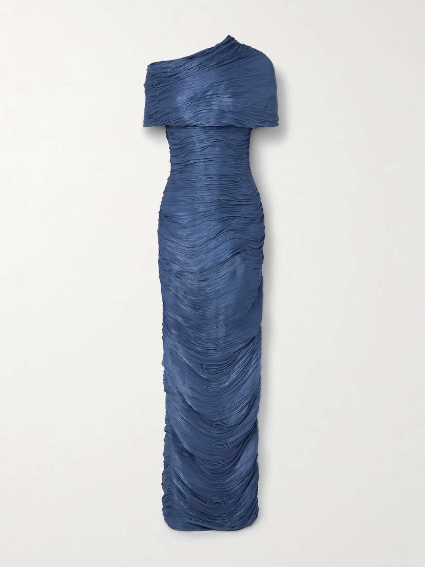 Marmar Halim One-shoulder Cape-effect Plissé Silk-georgette Gown