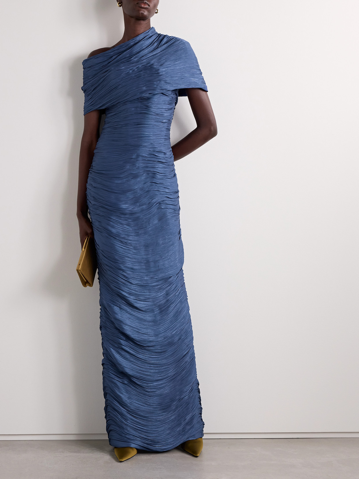 Marmar Halim One-shoulder Cape-effect Plissé Silk-georgette Gown In Blue