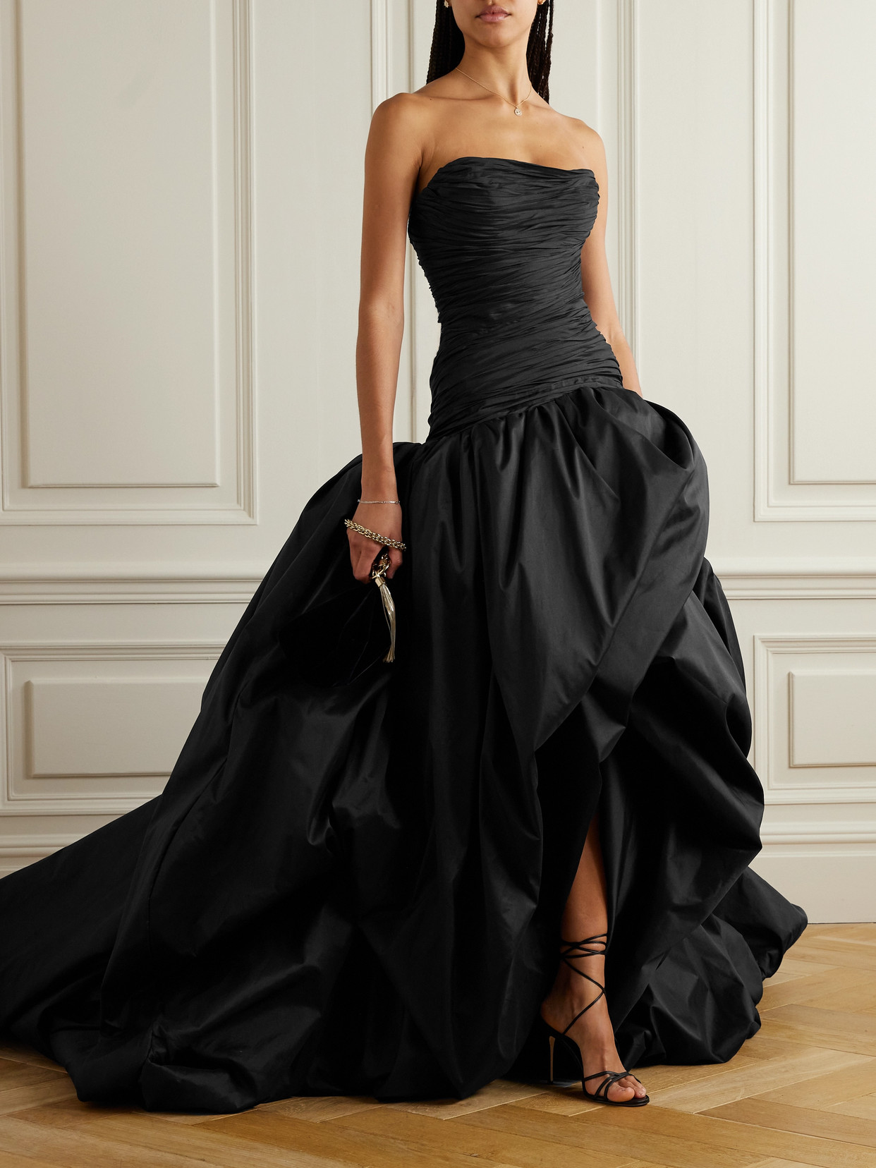 Marmar Halim Strapless Plissé-taffeta Gown In Black