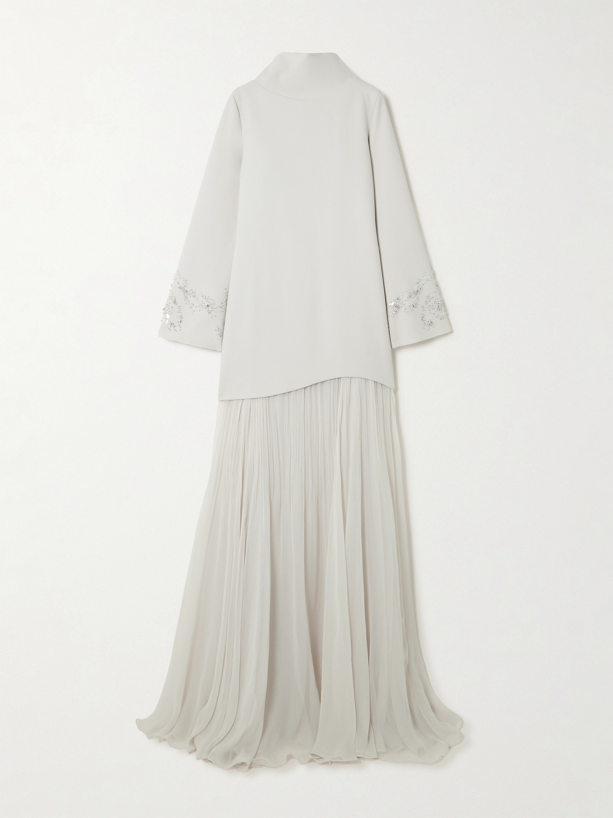 Marmar Halim Layered Embellished Crepe And Plissé-georgette Gown In Off-white