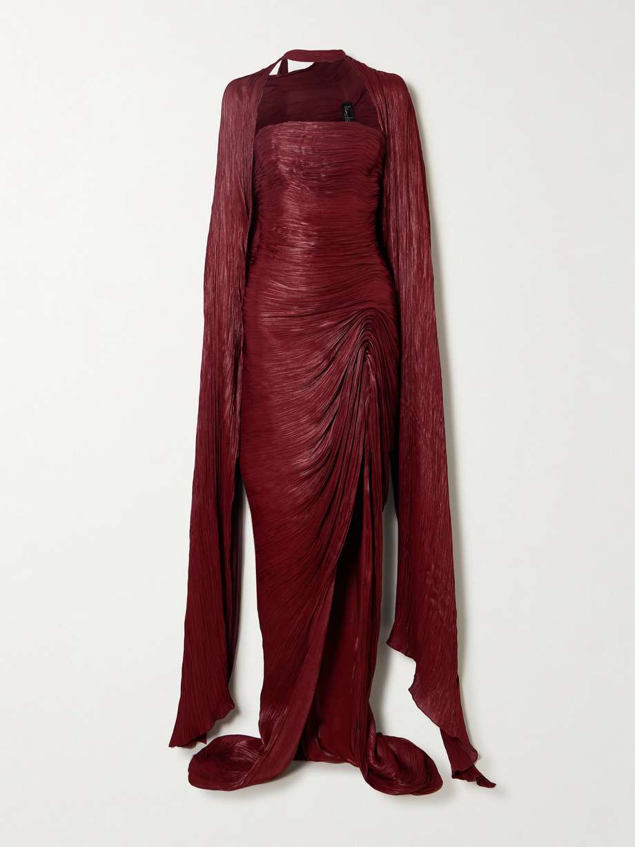 strapless plissé silk-satin gown and cape