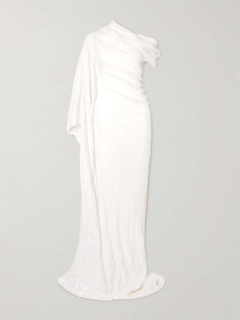 Marmar Halim Asymmetric Cape-effect Draped Sequined Silk-blend Gown