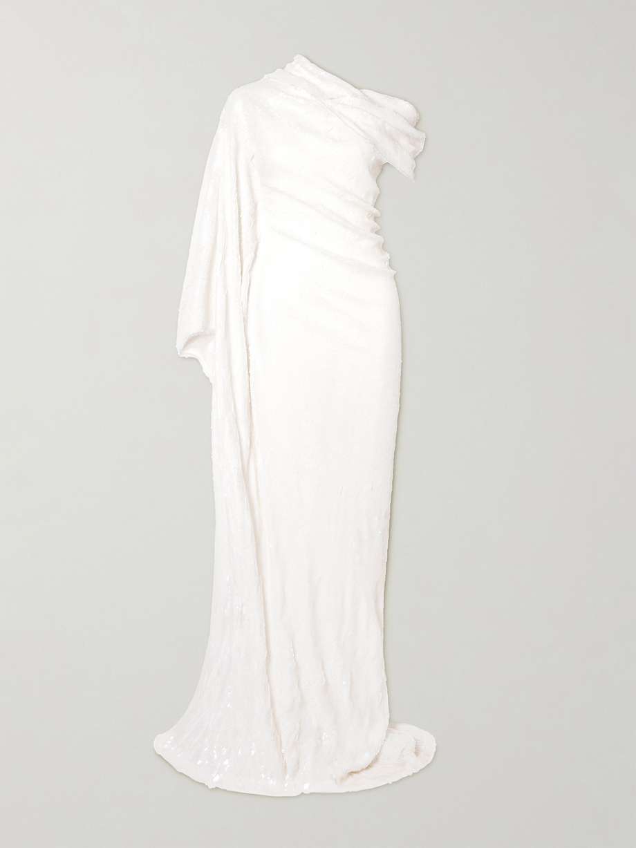 asymmetric cape-effect draped sequined silk-blend gown