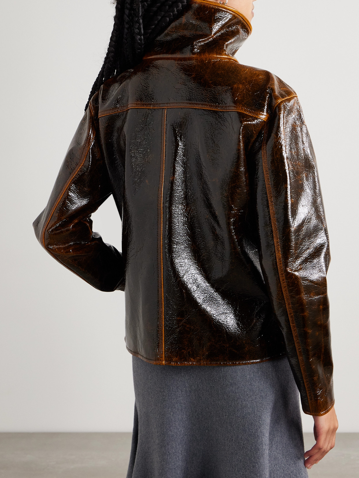 Brandon Maxwell The Everett Lacuqered Wool Trucker Jacket In Brown