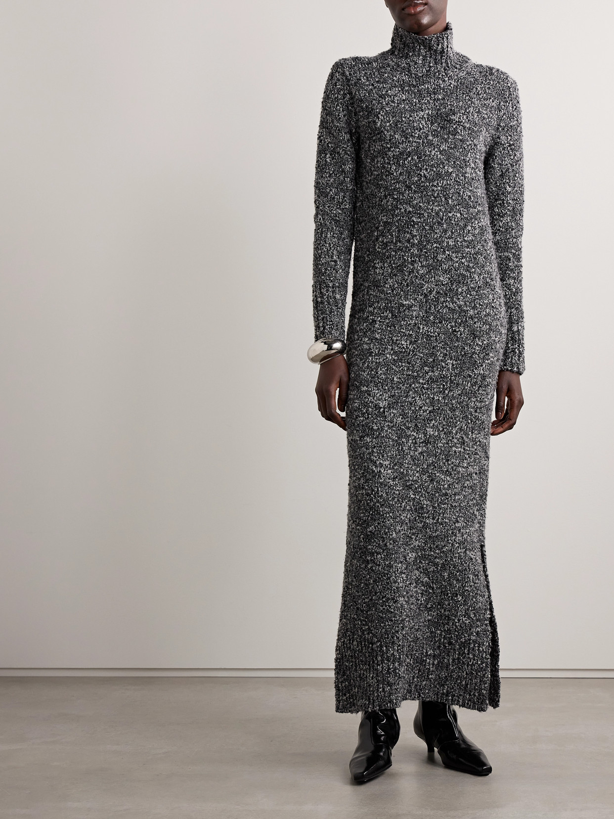 Brandon Maxwell The Frankie Wool-blend Bouclé Turtleneck Maxi Dress In Gray