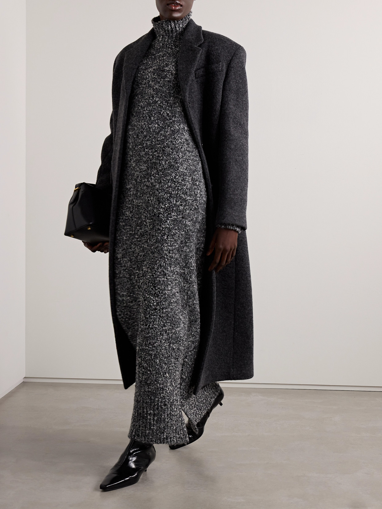 Brandon Maxwell The Frankie Wool-blend Bouclé Turtleneck Maxi Dress In Gray