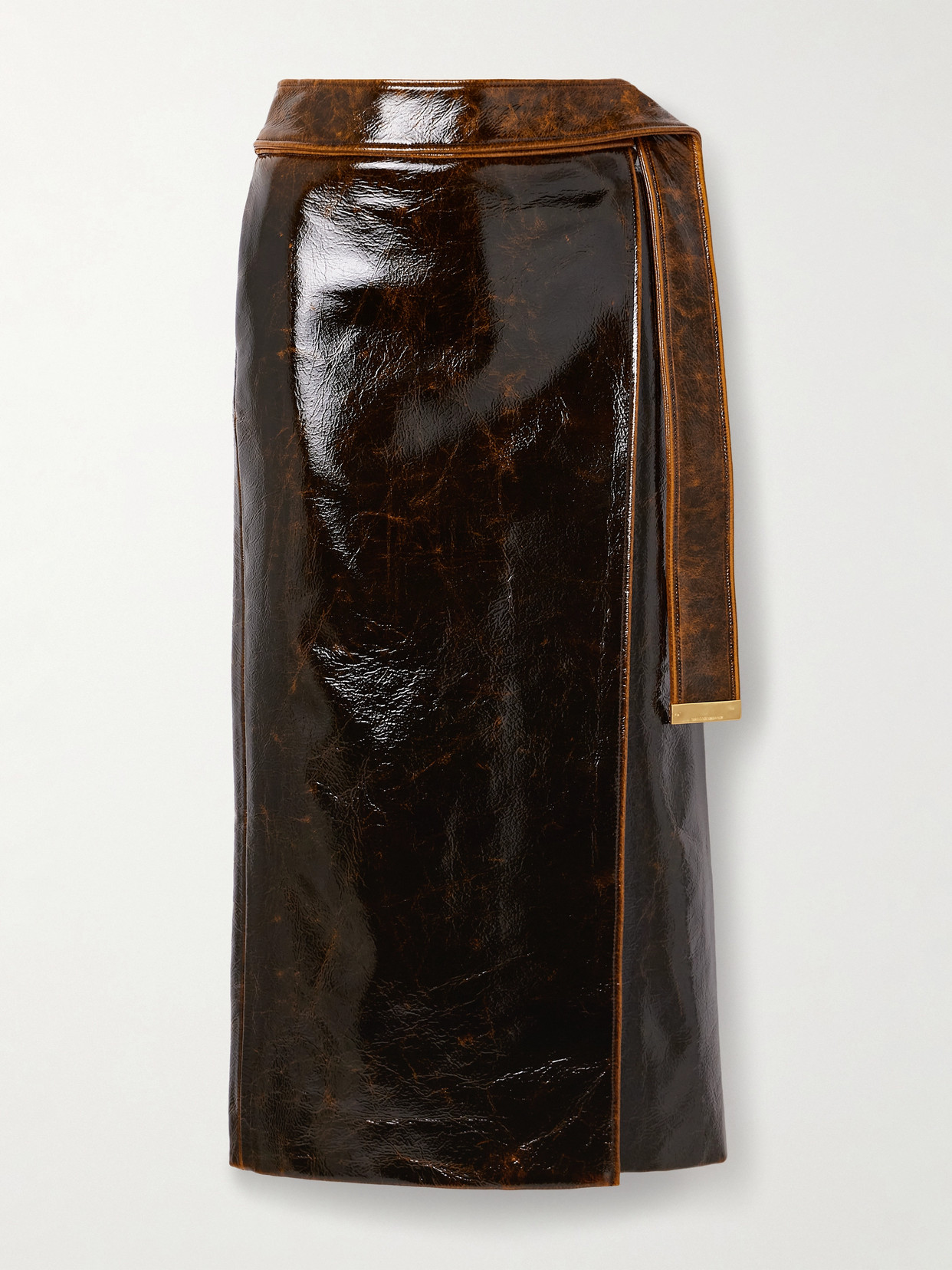 BRANDON MAXWELL EVELYN BELTED COATED WOOL-BLEND WRAP MIDI SKIRT