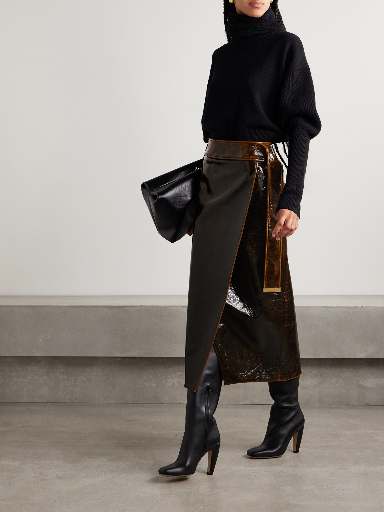 Brandon Maxwell The Evelyn Wrap Midi Skirt With Belt Tip Hardware In Brown