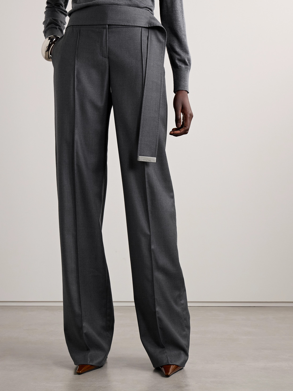 Brandon Maxwell The Ashton Belted Wool-blend Straight-leg Pants In Gray