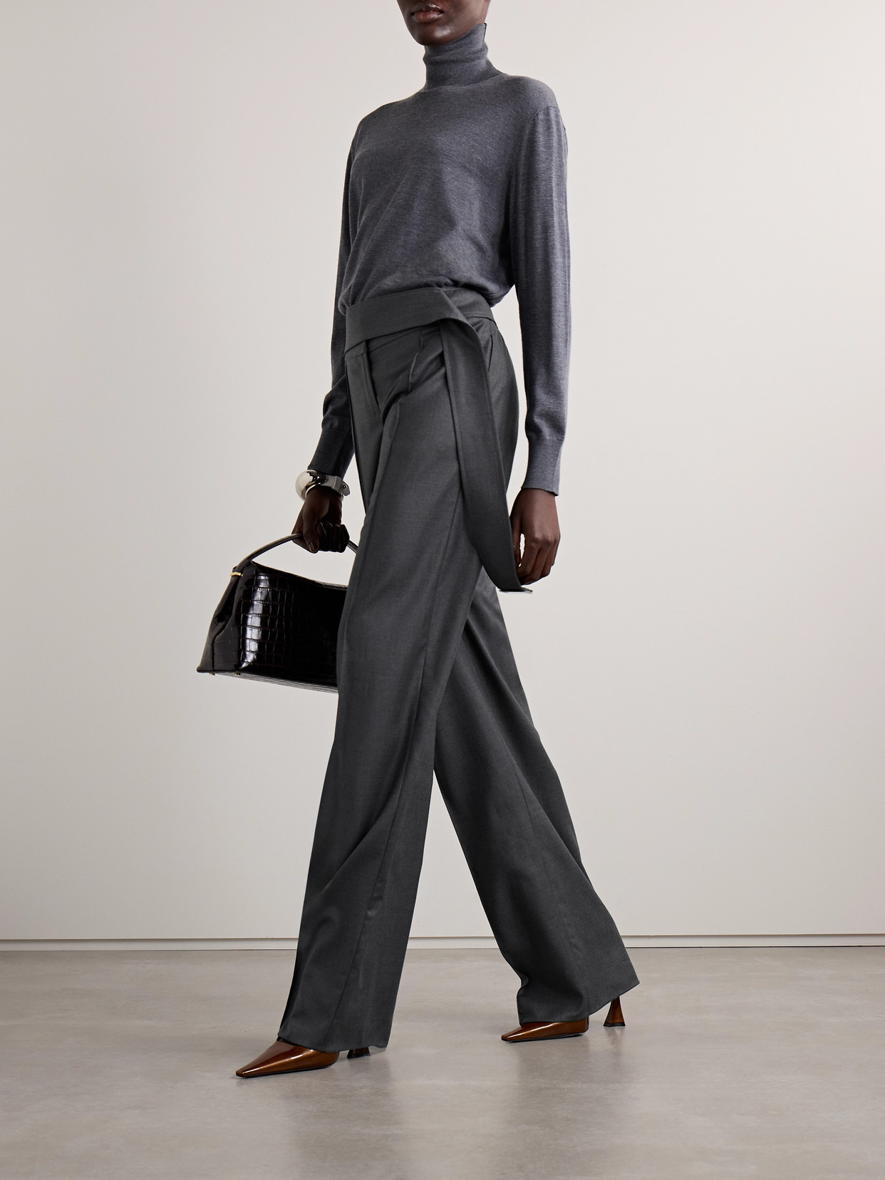 Brandon Maxwell The Ashton Belted Wool-blend Straight-leg Pants In Gray