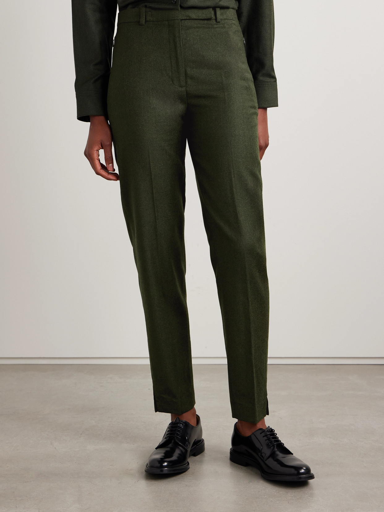 Theory Wool-flannel Tapered Pants In Green