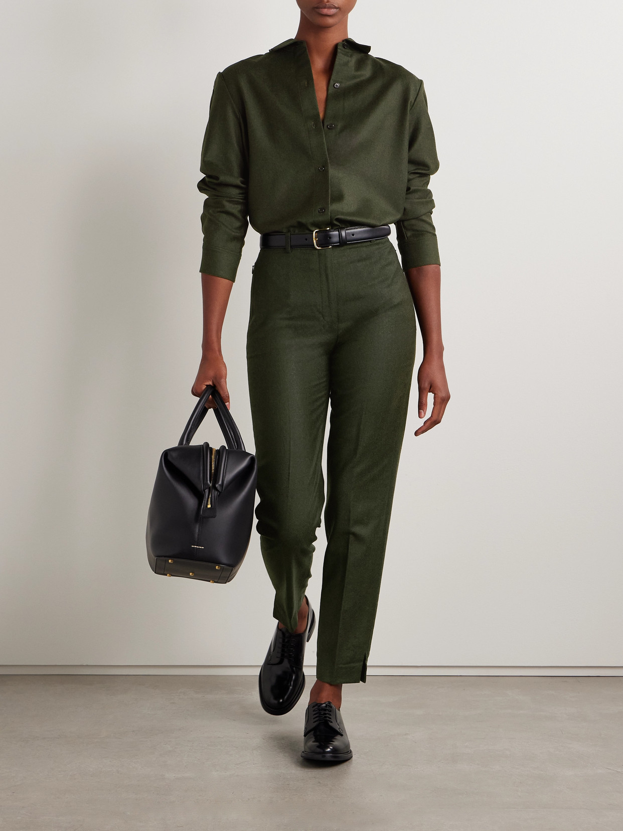Theory Wool-flannel Tapered Pants In Green