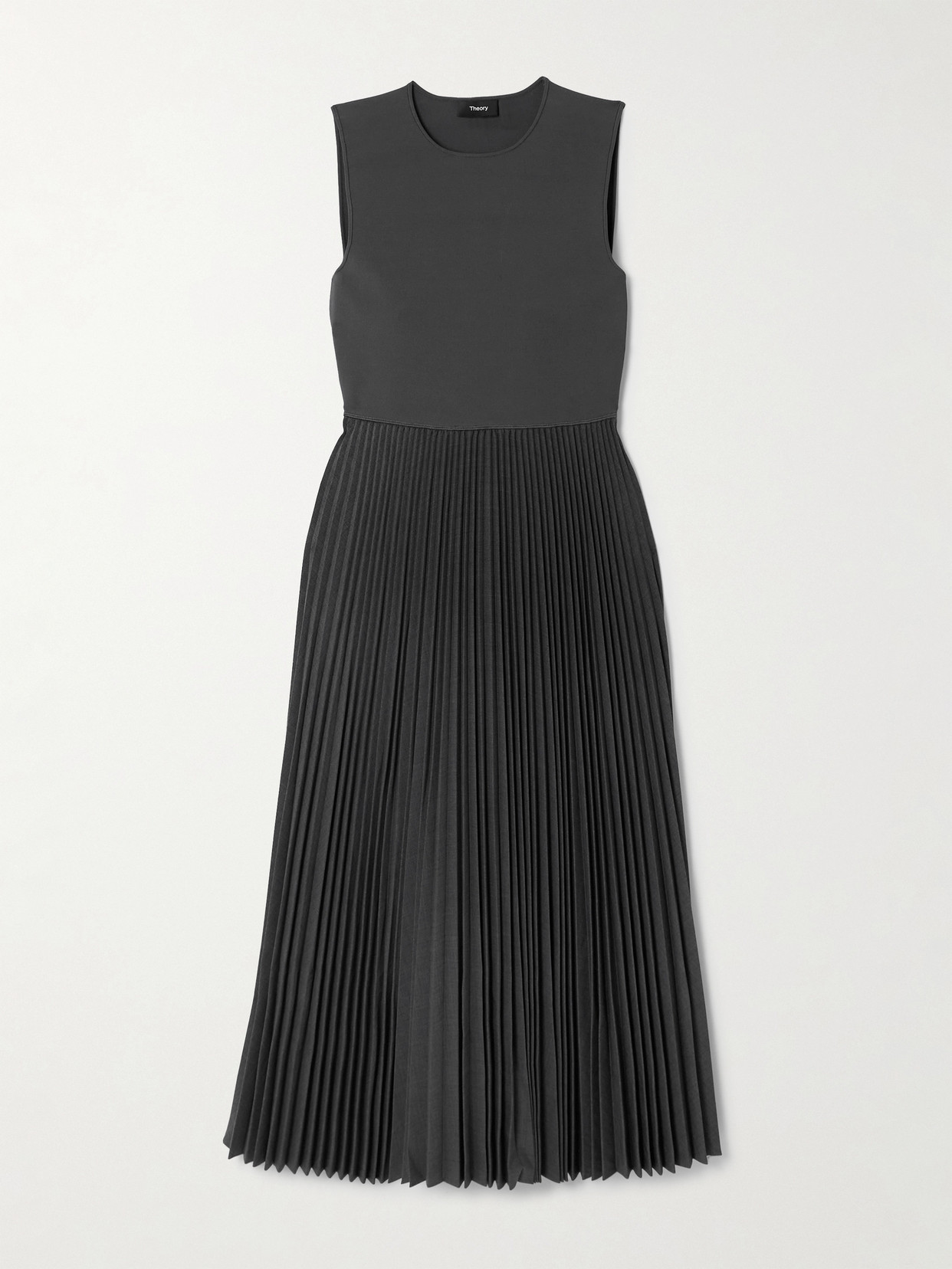 Theory Pleated Stretch-knit And Satin-crepe Midi Dress In Gray