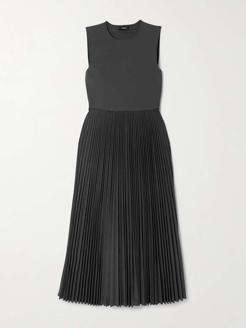 Theory Pleated Stretch-knit And Satin-crepe Midi Dress