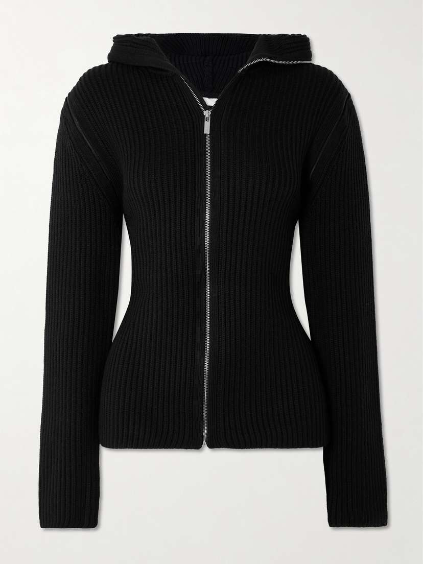 Helmut Lang Hooded Convertible Ribbed Merino Wool Cardigan
