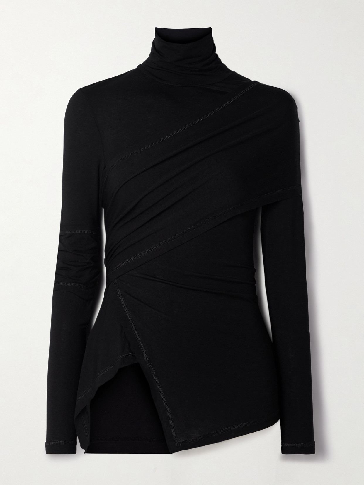 Helmut Lang Draped Stretch-lyocell Jersey Turtleneck Top In Black