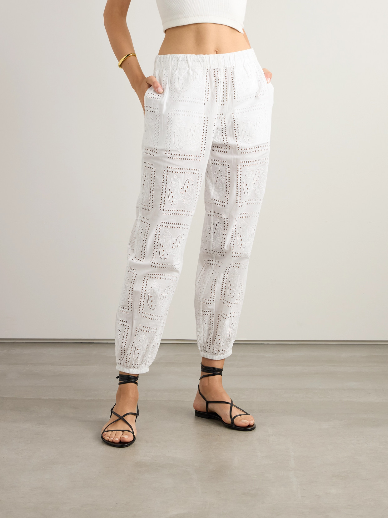 Tory Burch Eyelet Beach Embroidered Cotton Tapered Pants In White